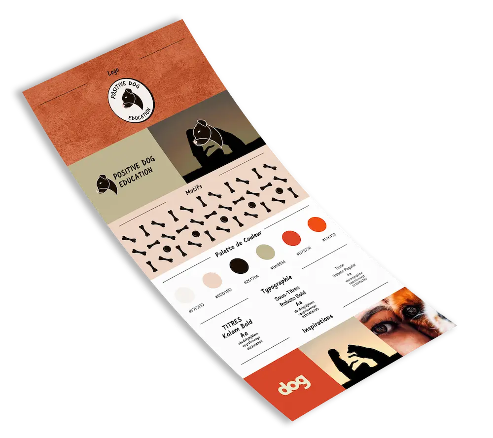 Brandboard de l'identité visuelle de Positive Dog education, avec les logos, la palette de couleur, les typographies, les motifs et des photographies.