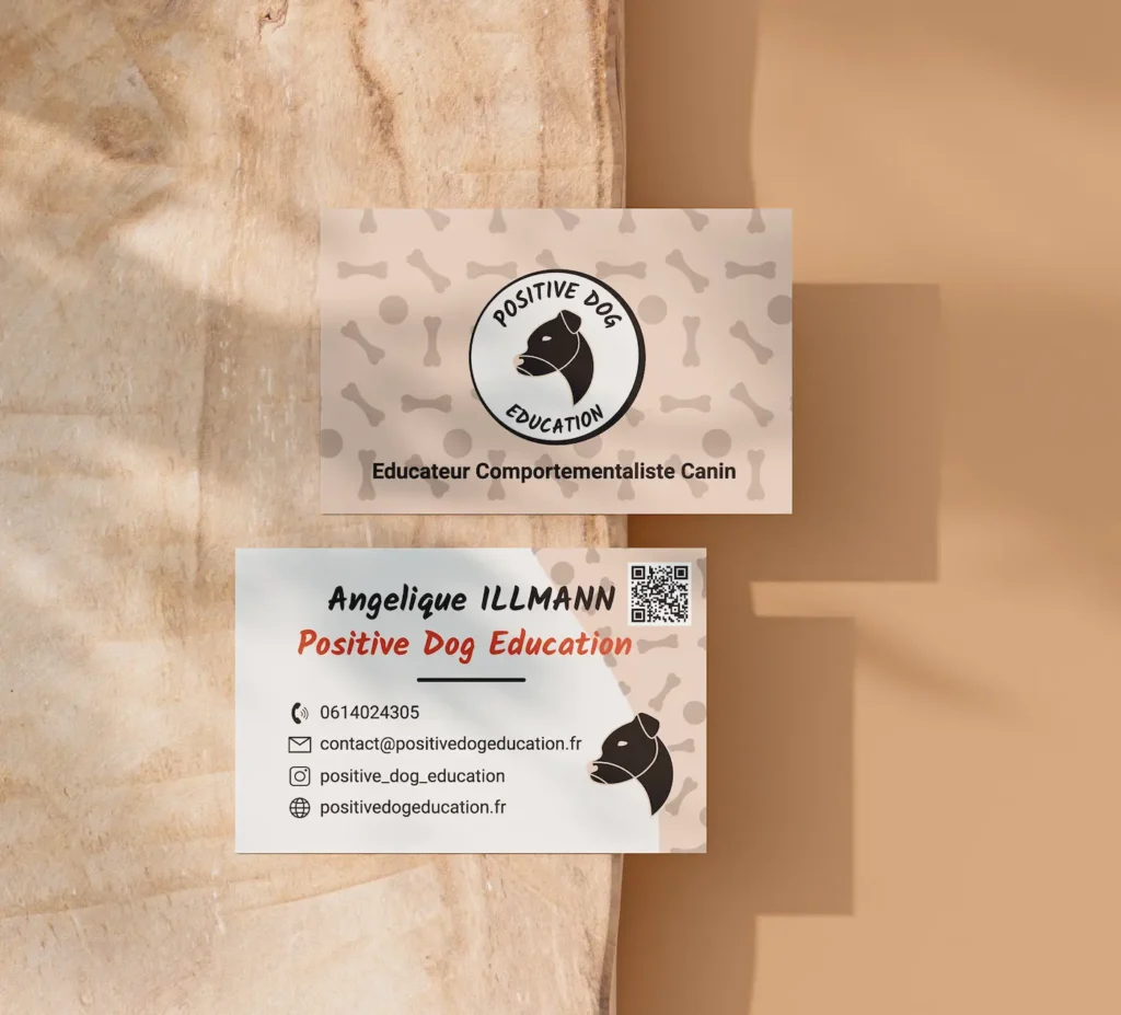 Cartes de visites recto verso de Positive Dog Education, avec les coordonnées et le logo et les motifs .