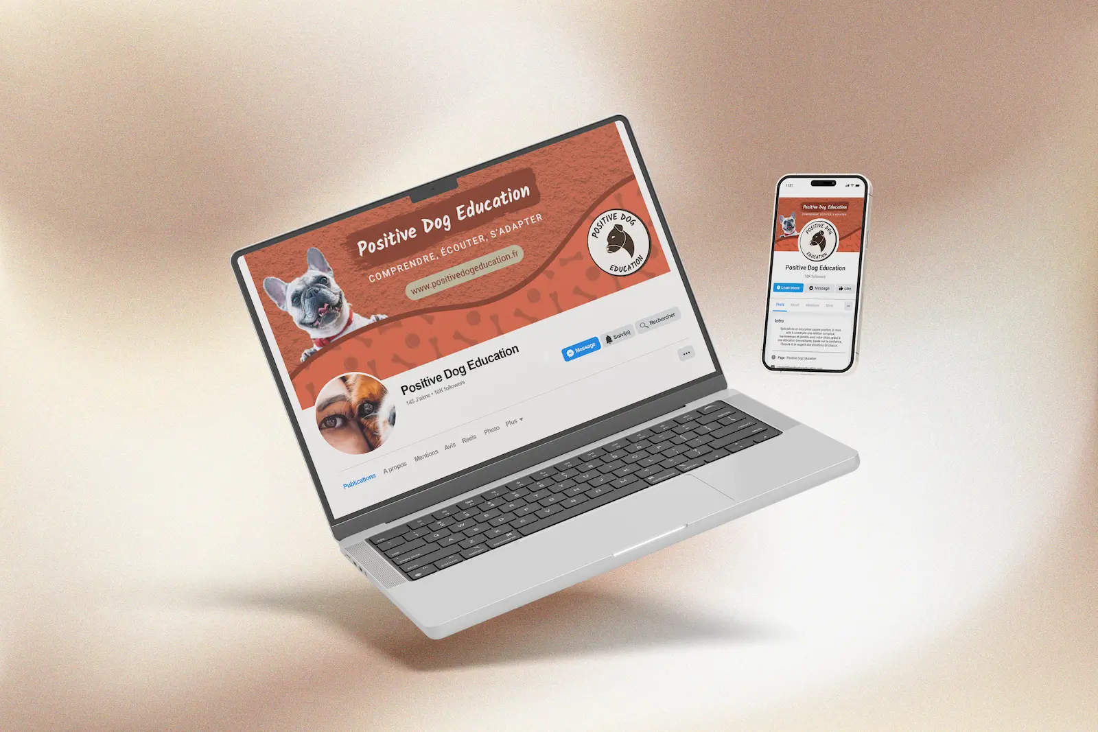 Photo représentant un ordinateur et un telephone, tous deux ouvert sur la page Facebook de Positive Dog Education, pour montrer la bannière de Couverture