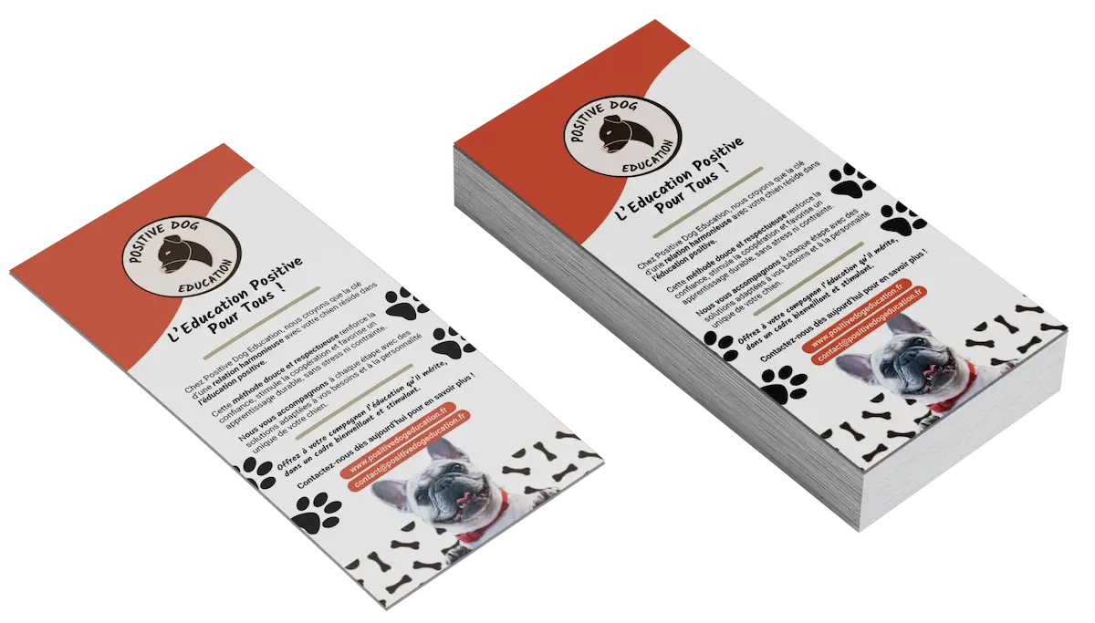 Un flyer reprenant les codes de la marque "Positive dog education", avec un texte expliquant la m&eacute;thode de travail et invitant &agrave; prendre contact.