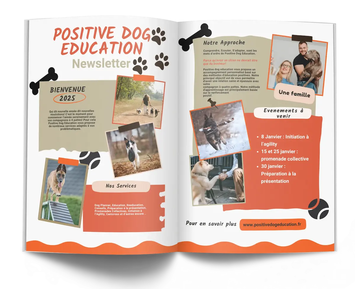 Une double-page de newsletter papier pour "Positive Dog Education", on peut y voir diff&eacute;rentes rubriques telles qu'une introduction, un rappel des services de l'approche ainsi que des &eacute;v&egrave;nements &agrave; venir.