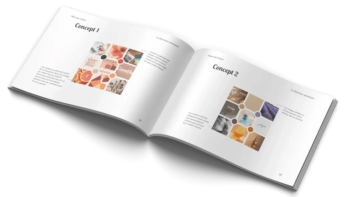 Double-page présentant deux concepts différents de moodboards.