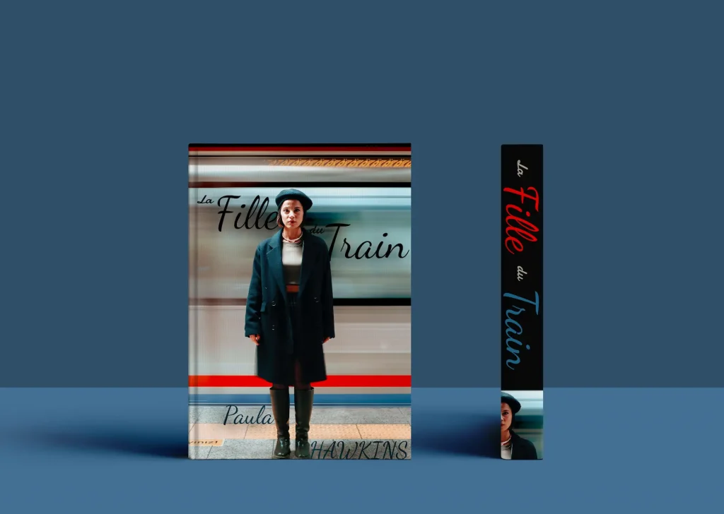 Réalisation d'une couverture de roman "La fille du train" de Paula Hawkins. Une jeune fille fait face, un flou en arrière plan donne un effet de vitesse.