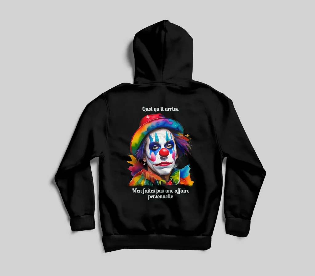 Sweat à capuche noir arborant un visuel de clown très coloré. Il est écrit "Quoi qu'il arrive, n'en faites pas une affaire personnelle".