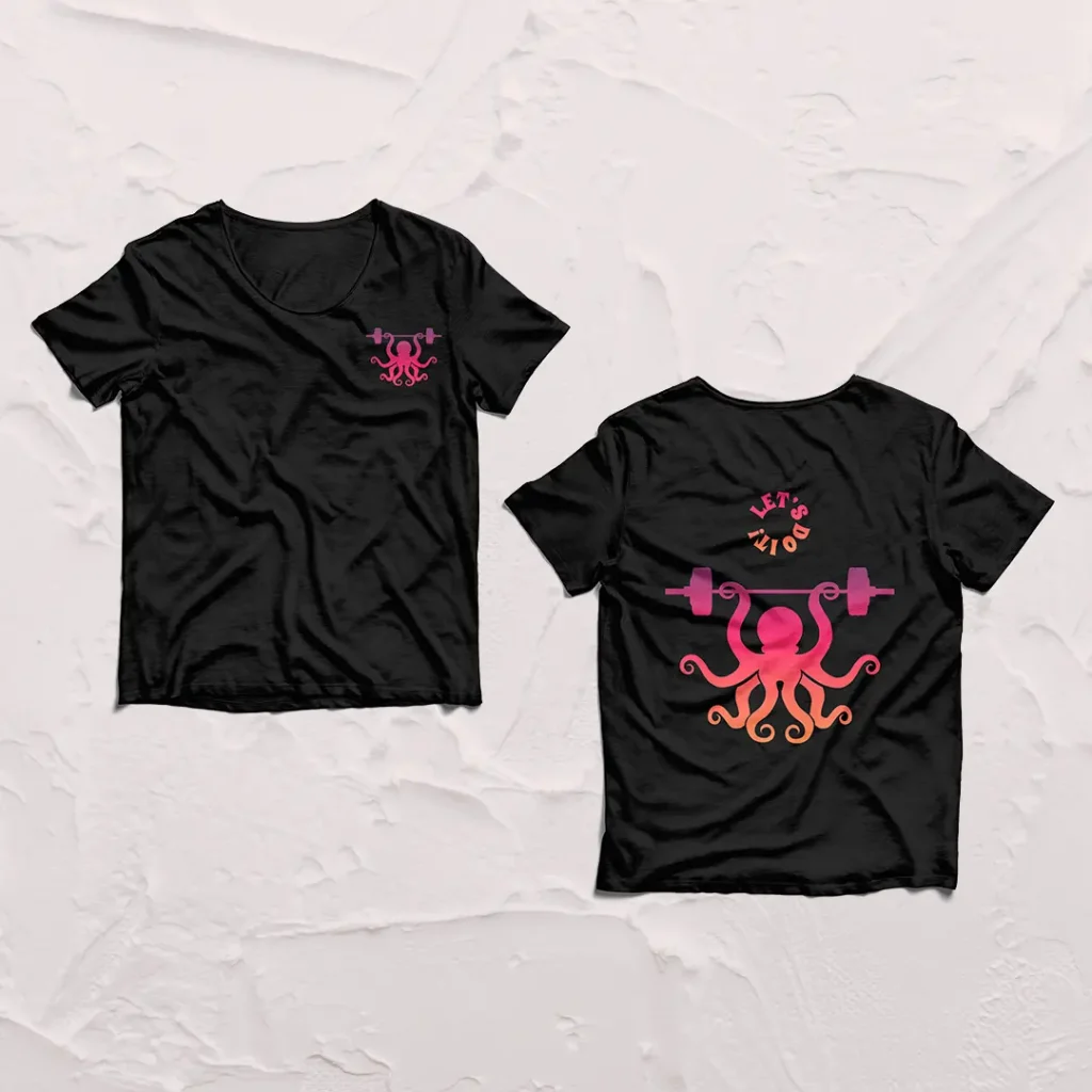 Tshirts Recto et Verso, noirs, représentant un poulpe en dégradé rose et orange, soulevant une barre d'haltérophilie