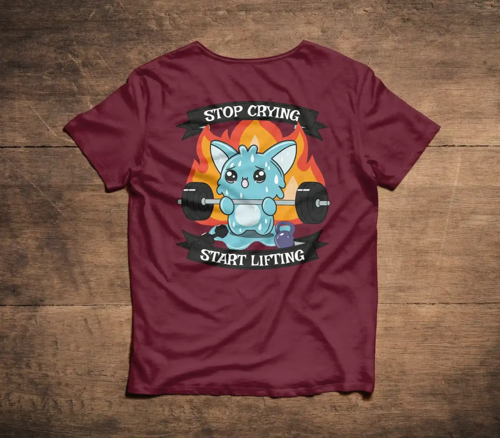 T-shirt avec motif créature bleue transpirante soulevant une barre d'haltère.