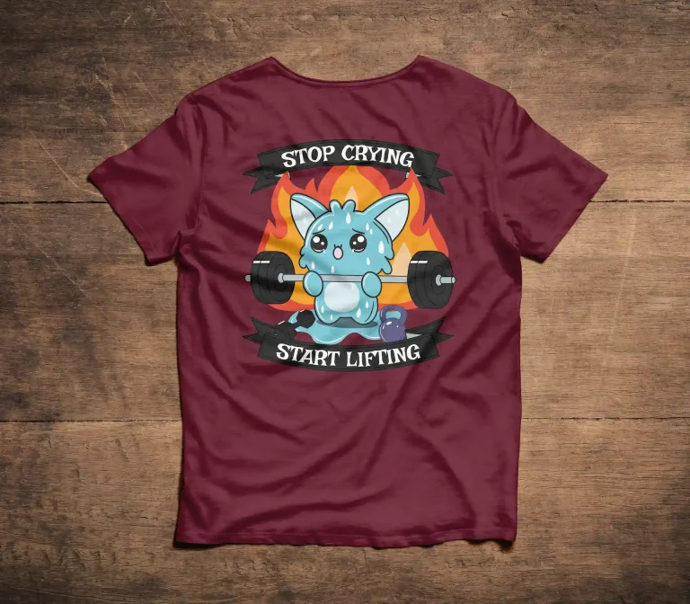 T-shirt avec motif créature bleue transpirante soulevant une barre d'haltère.