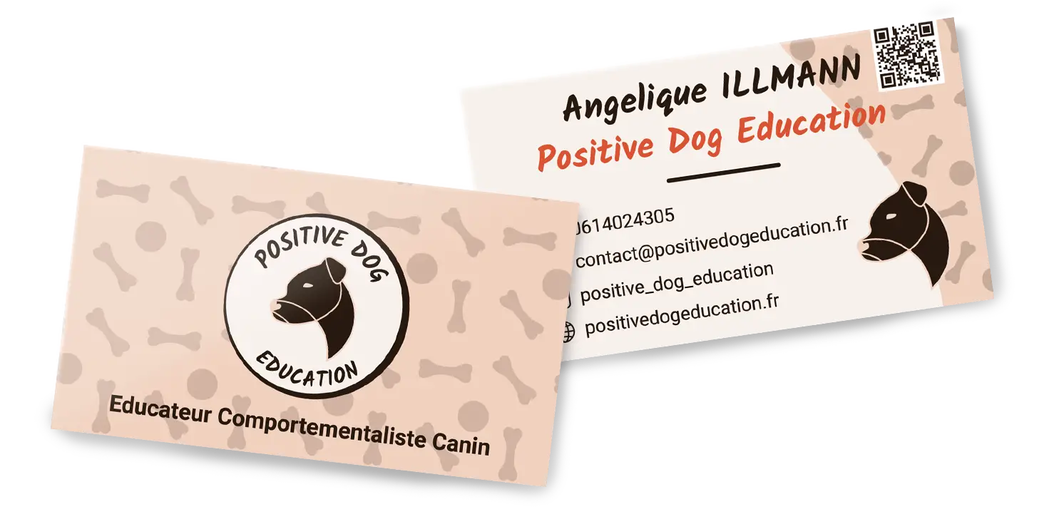 Carte de visites "Positive Dog Education", on y voit le logo, les couleurs et les motifs de l'entreprise, ainsi que toutes les informations de contact.