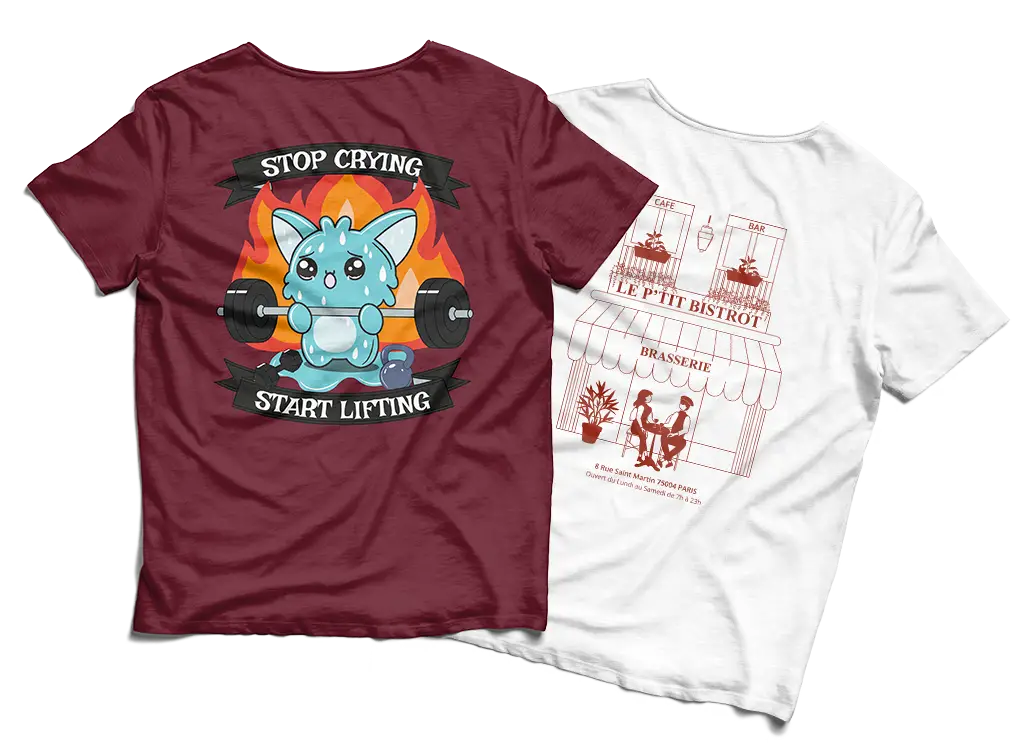 Deux t-shirts, le premier couleur bordeaux avec la mascotte de la salle de CrossFit "La Forge" et le second couleur blanche avec le visuel d'une façade de brasserie parisienne.