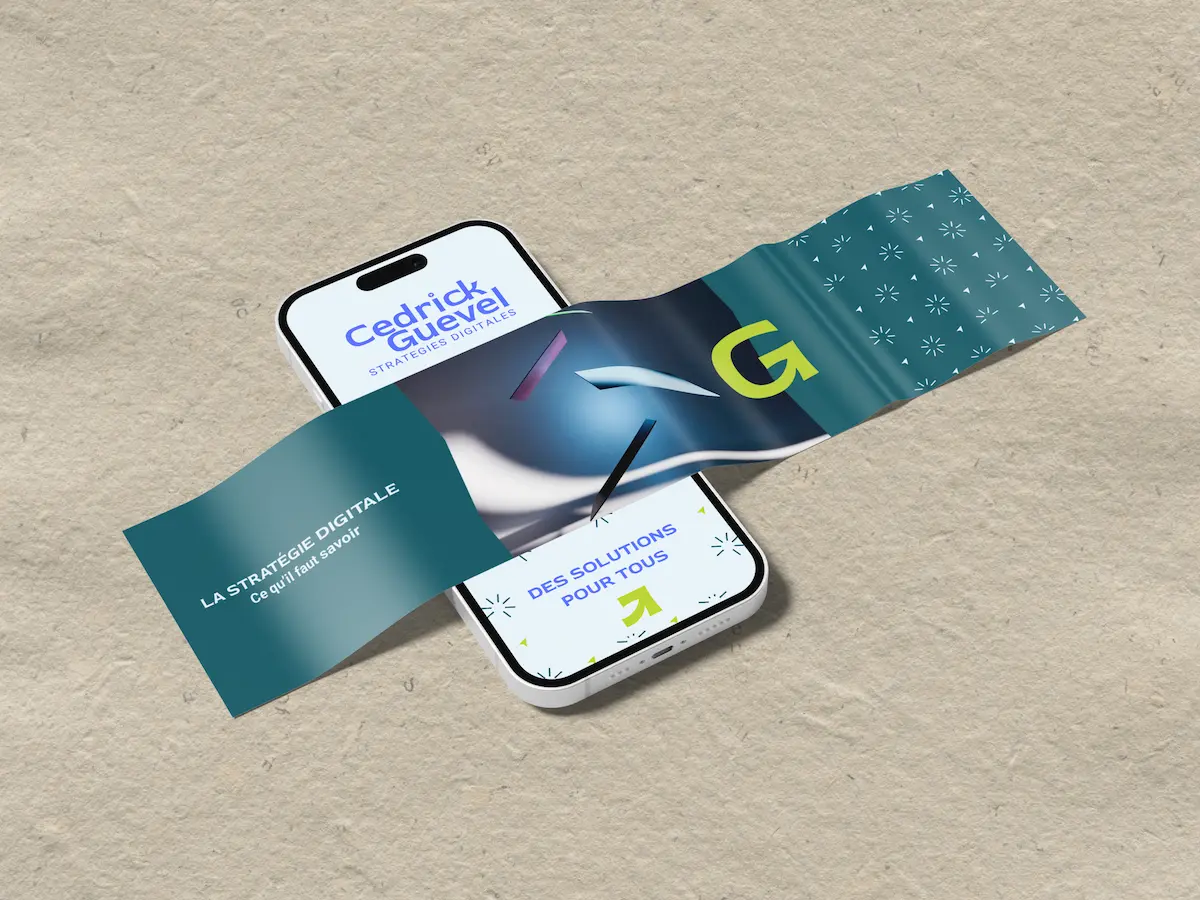 Telephone mettant en avant un caroussel, représentant l'identité visuelle de cedrick guevel, avec le logo, une photo et des motifs.