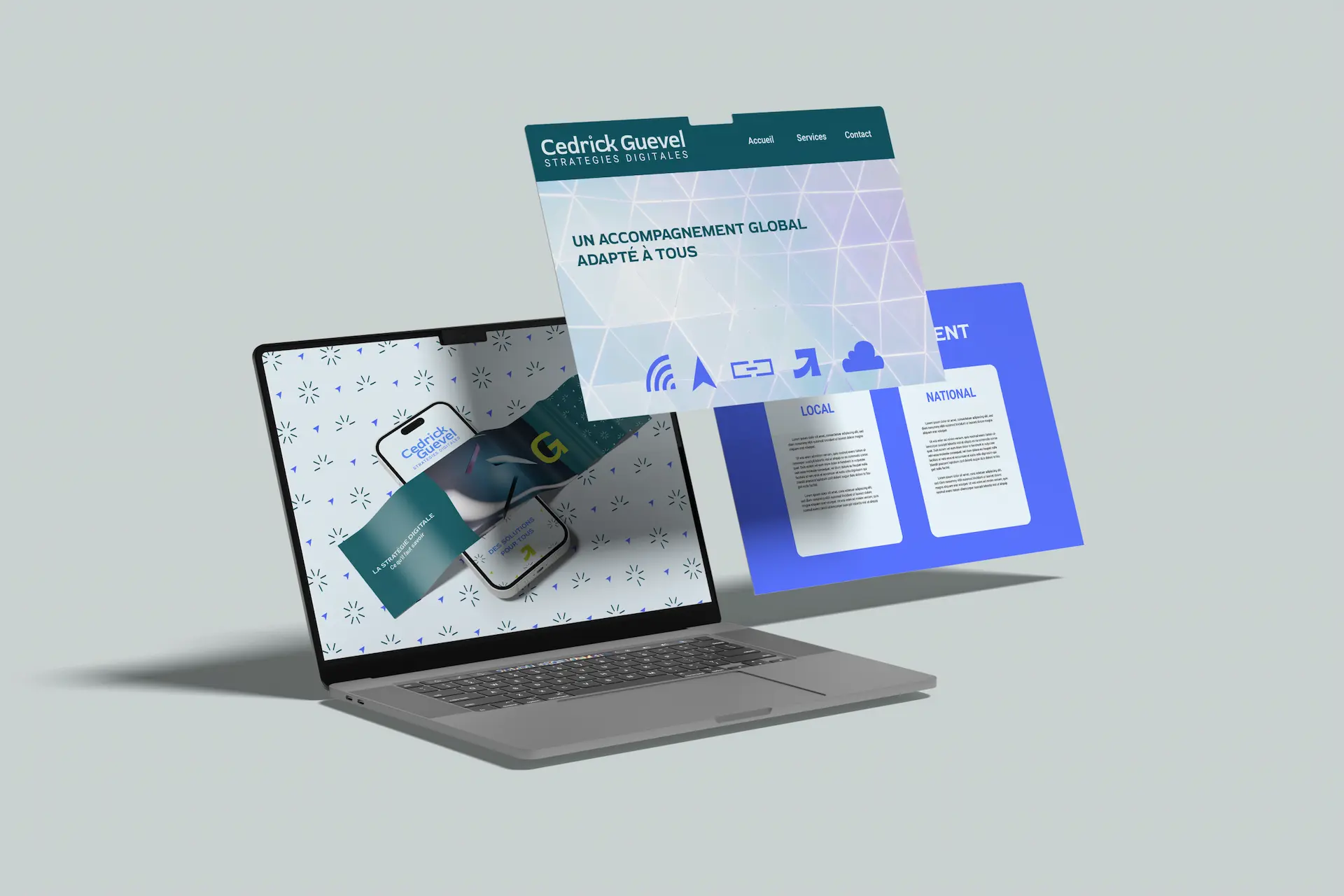 Mockup d’un site web et d’éléments digitaux pour Cedrick Guevel Stratégies Digitales, affichés sur un ordinateur portable et en écrans flottants.