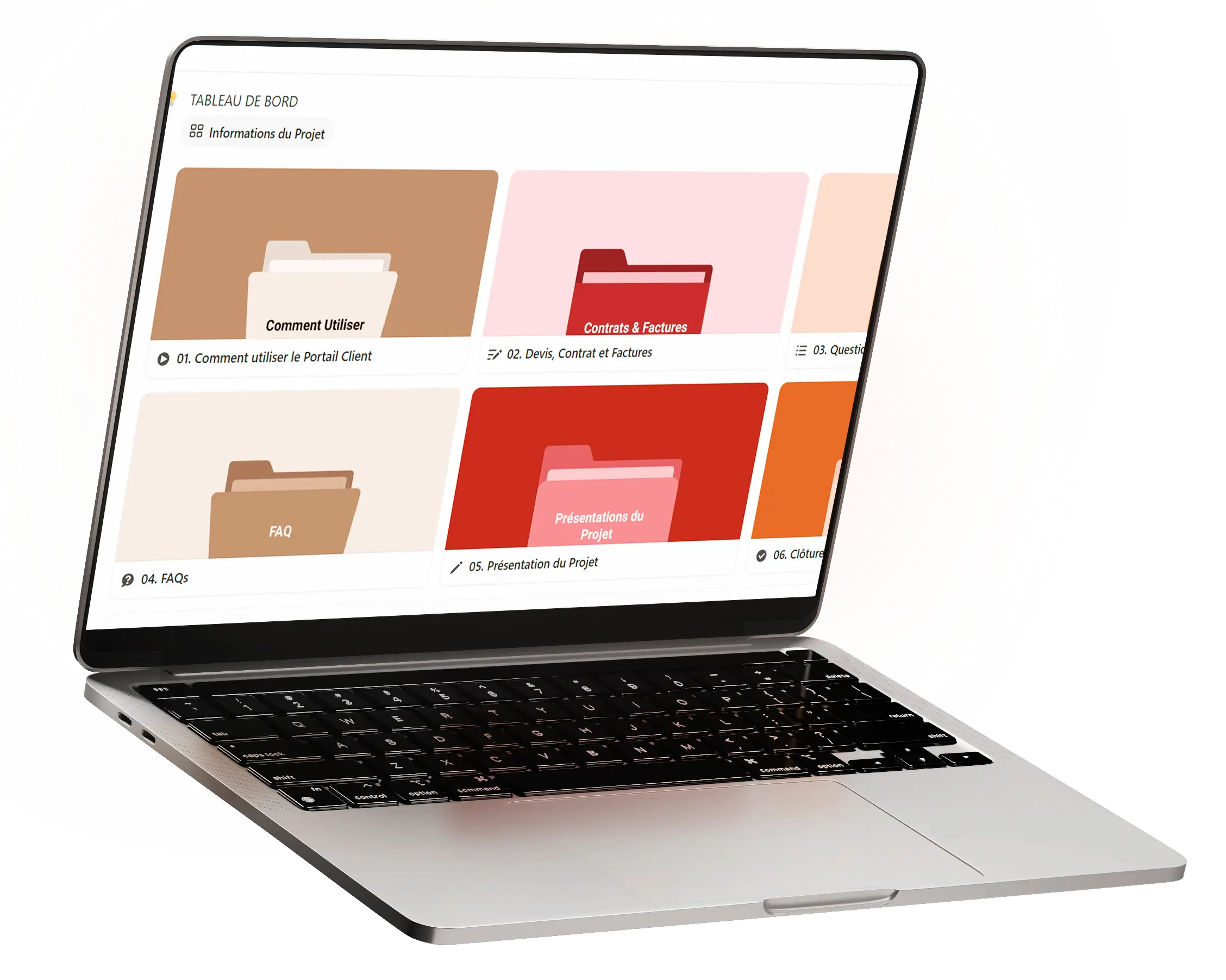 Ordinateur ouvert, qui montre le tableau de bord du portail client Notion.