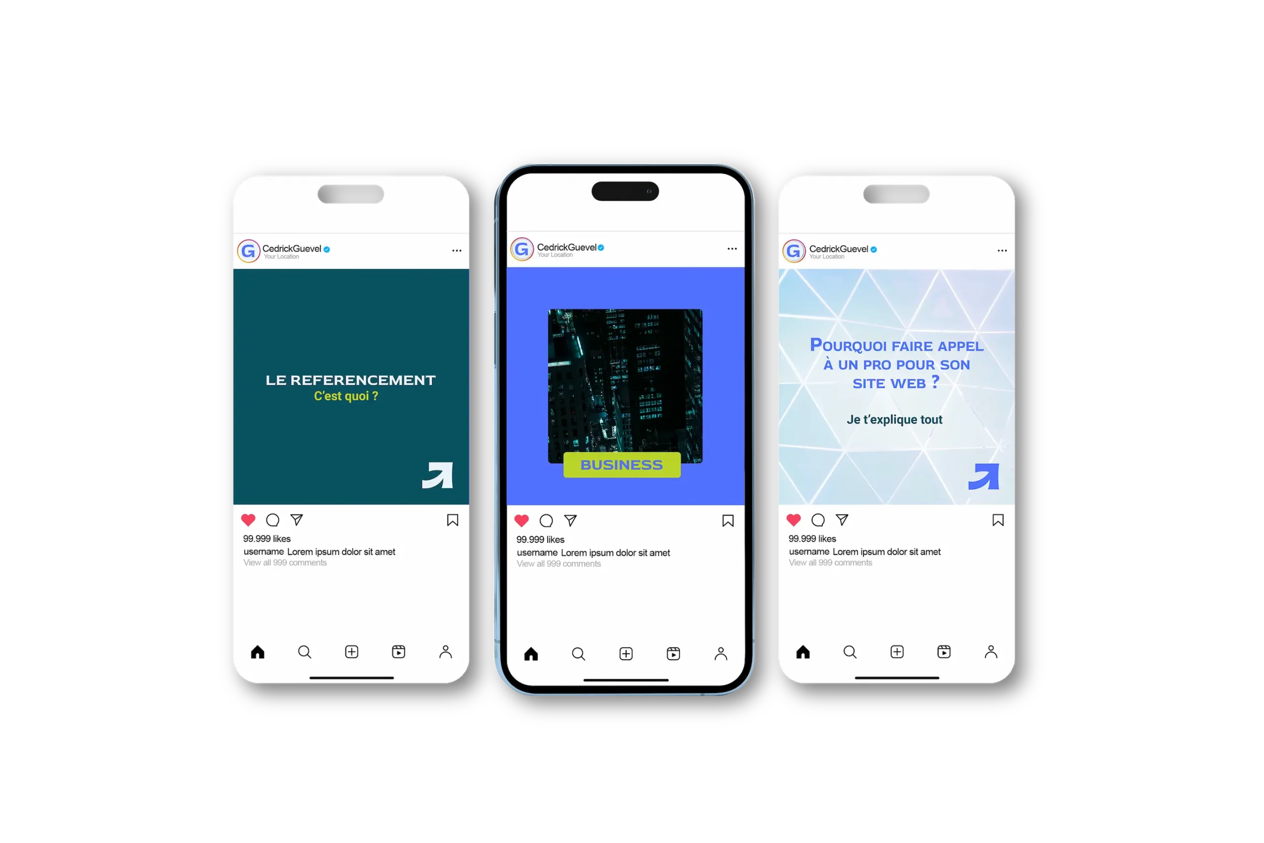 Mockup de 3 écrans, représentant des Posts Instagram de Cedrick Guevel
