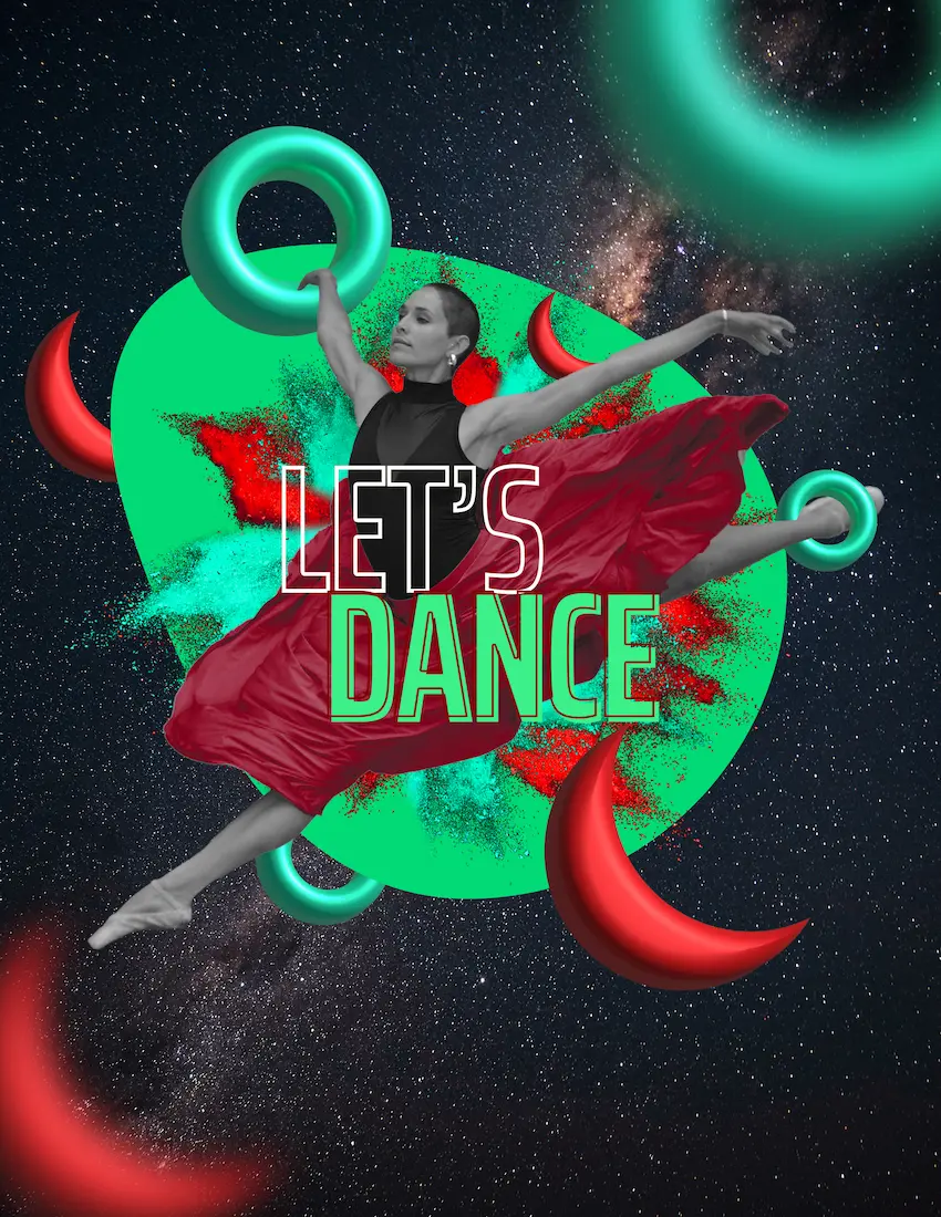 Poster décoratif d'une danseuse dynamique, avec les lunes et des cercles en 3D