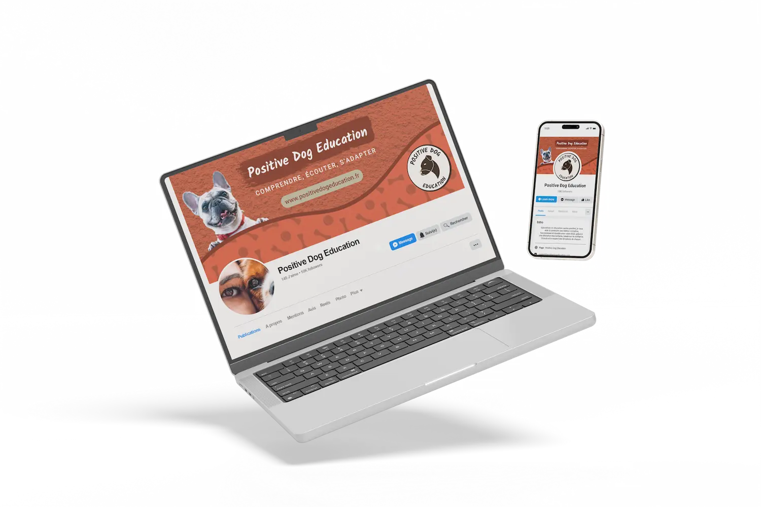 Ordinateur et telephone montrant la page facebook de Positive Dog Education et notamment montrant les photos de couverture.